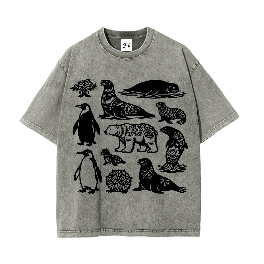 

Уникальный дизайн с изображением арктических животных, винтажная стираная футболка большого размера с печатью, пингвином, белым медведем, искусством и ретро-вибрацией, обязательная