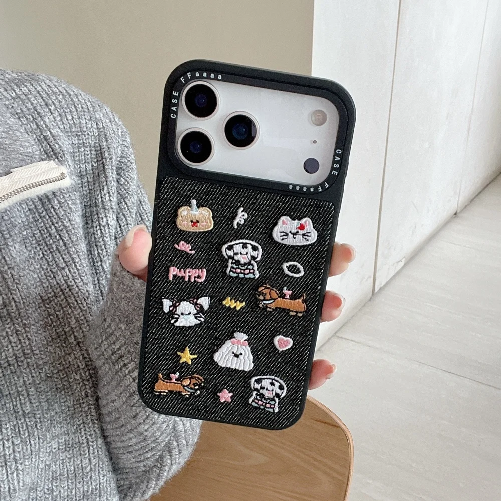 

Denim embroidered cute puppy phone case, suitable for iPhone 14/15/16/17 Pro Max, 17 Pro INS new shockproof protective case