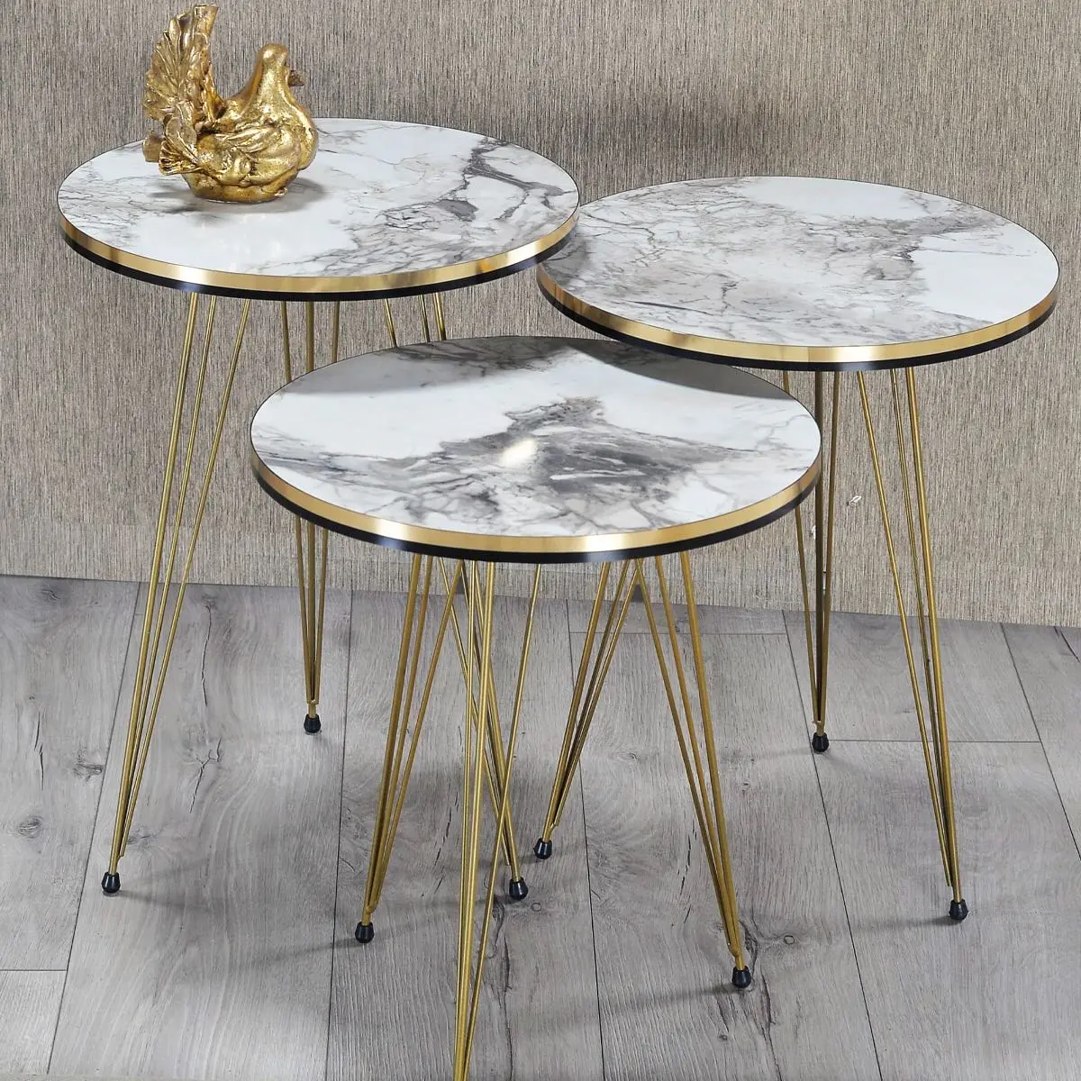 3 Pcs Decorative Luxury Nesting Table for Living Room Gold White Marble Metal Leg Round Nordic Style Coffee Table Furniture Set