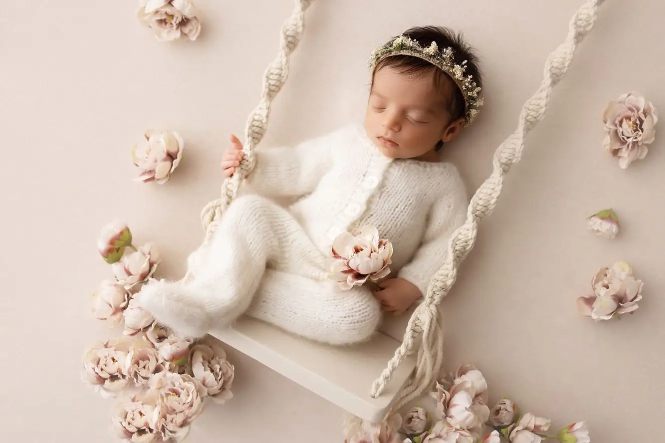 Wooden Swing Newborn Posing Prop Natural Toys Vintage Swing Rainbow Macrame Boho Children\'s Photography Shootsession Posing Aid