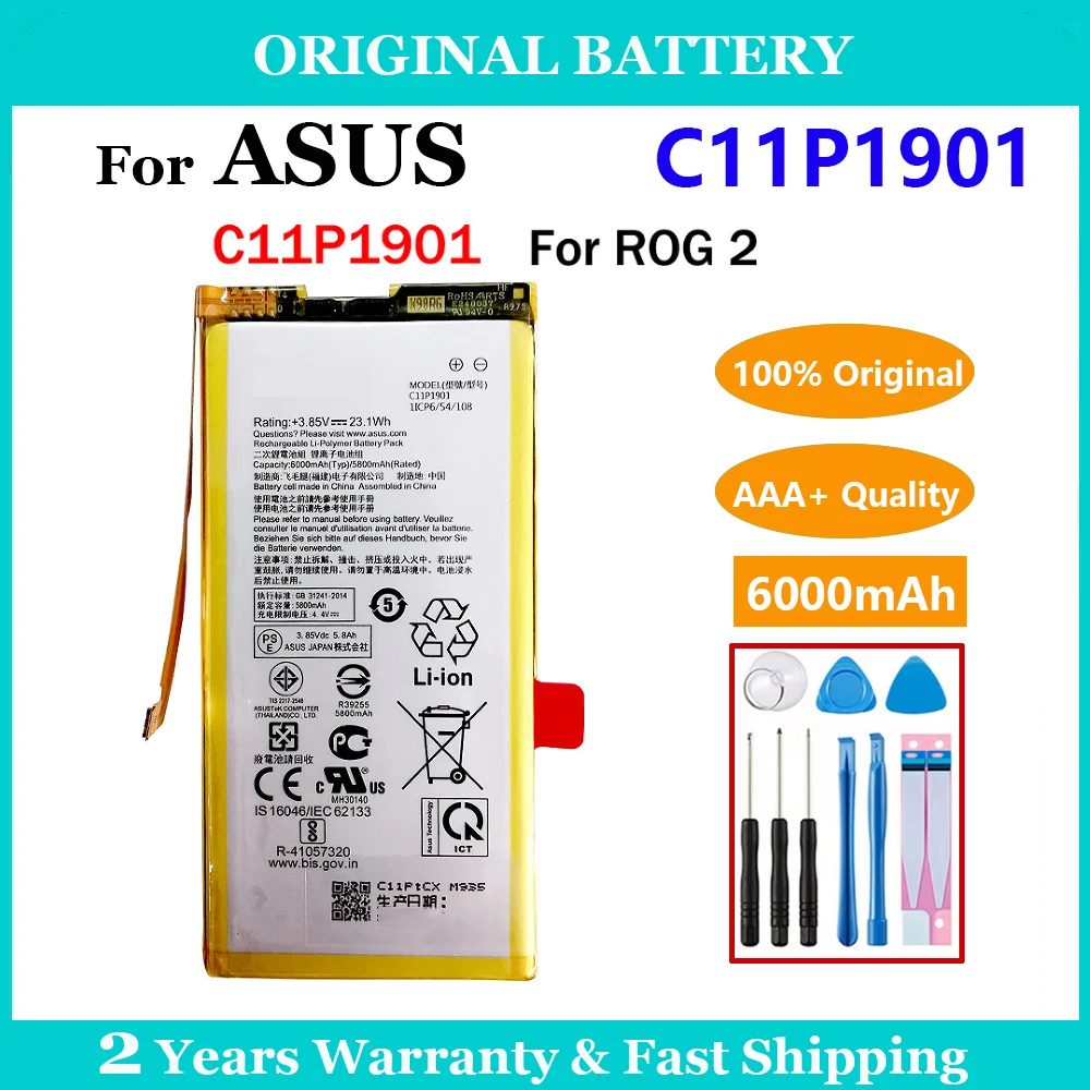 

100% Original 6000mAh C11P1901 Battery For Asus ROG 2 ZS660KL I001DB Replacement Batteries Rechargeable Battery + Free Tool