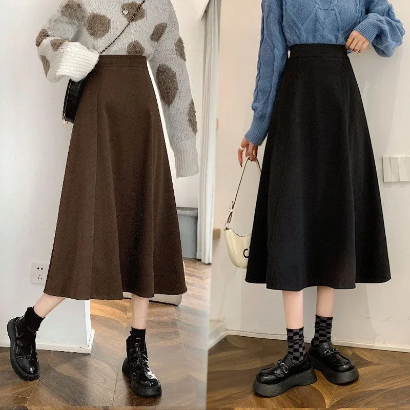 Spódnice midi Kobiety Długie Wysoka Talia All-Match A-Line Eleganckie Biuro Lady Rozrywka Jesień Zima Prosta Podstawowa Moda Nowość Ins Faldas — zdjęcie 2