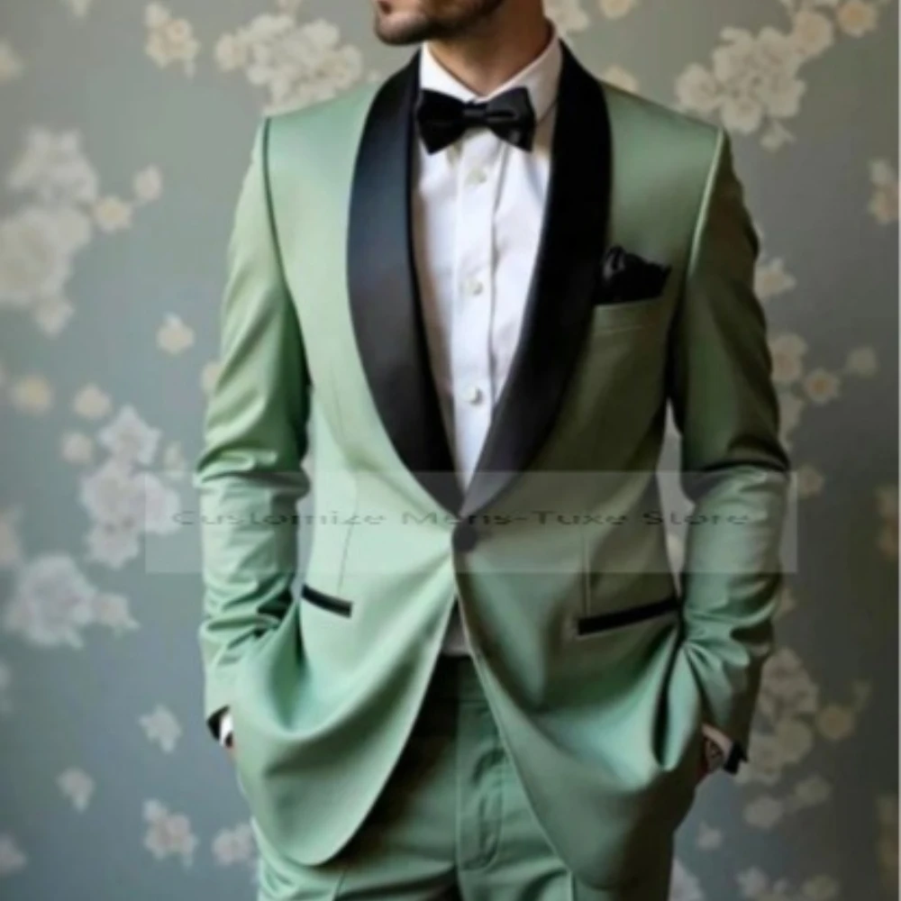 

Black Lapel Mint Green Formal Business Men Suit Groom Groomsman Wedding Party Prom Male Tuxedos 2 Piece Set Blazer Pants