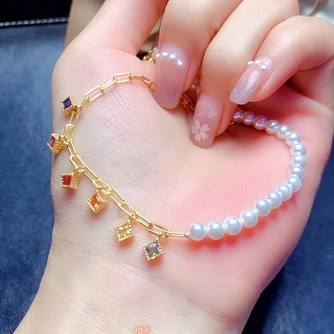 

Fine Jewelry 925 sterling silver natural color sapphire 3x3mm girls electroplated 18K gold bracelet girlfriend New Year birthday