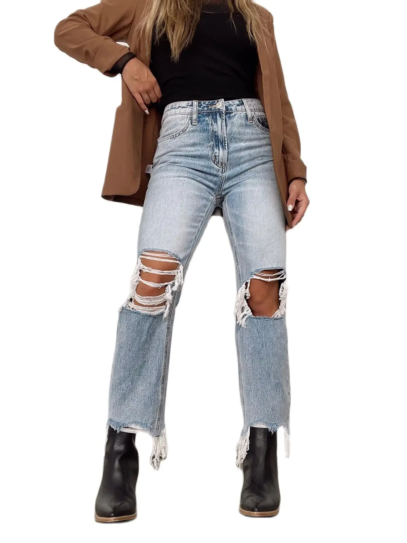 2022 Fall New Retro Light Blue Ripped Jeans For Women High Waist Fashion Tassel Denim Straight Pants Casual Female Clothing