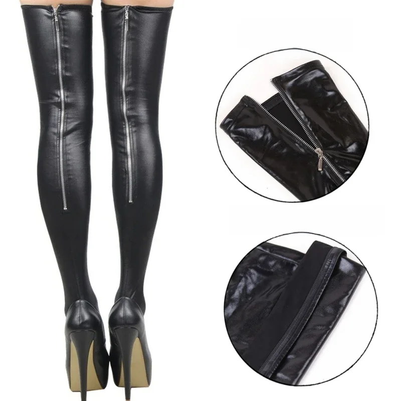 Bas en cuir PVC pour femmes, grande taille, Look mouillĂ©, cuissardes hautes, Sexy, fermeture Ă©clair au dos, chaussettes de fĂȘte, Faux bottes, vĂȘtements de club de danse pĂŽle chaude
