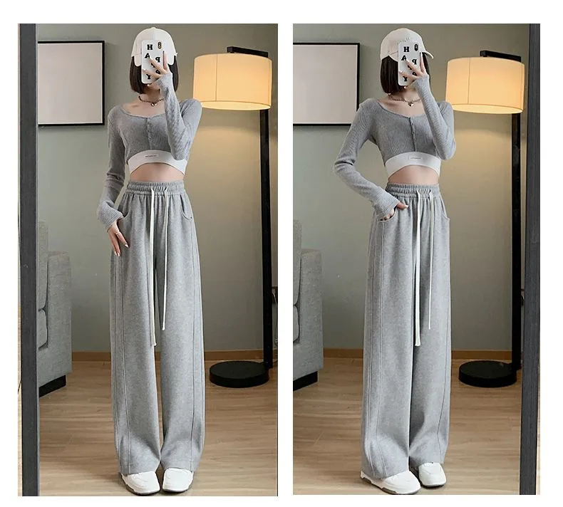 Damen High-Waist Loose Sweatpants mit Kordelzug, Harem-Stil, lässige gerade Hose, weite Baggy-Hose in Grau und Schwarz, Bodenlange Hose – Detail 5