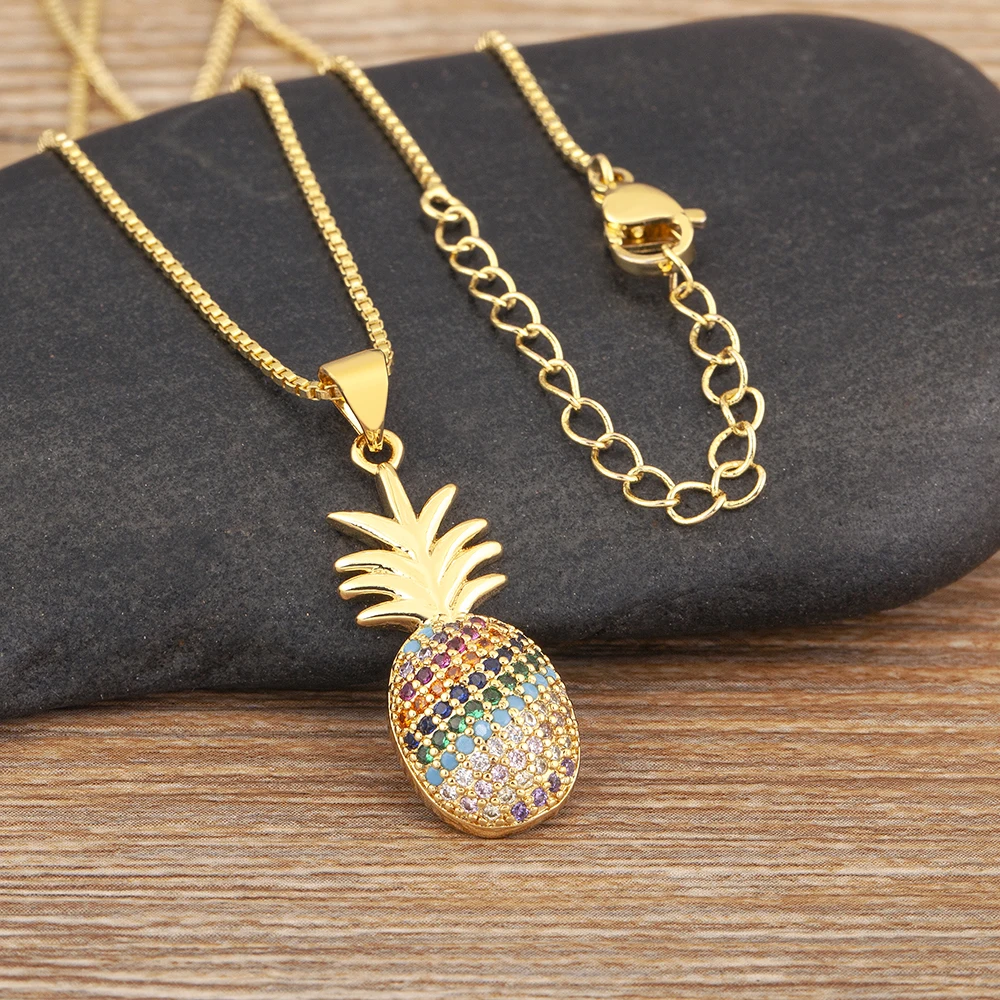 Nidin New Trendy Pineapple Shape Pave Colorful Zircon Pendant Necklace Girl Birthday Party Chain Jewelry Accessories Daily Gifts