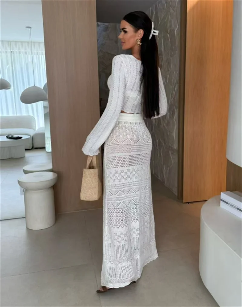 2PCS Sexy Long Sleeve Hollow Out Knitted Bandage Dress Women's Lace Up Crop Top and Skirt Bottom Beach Crochet Bikini Cover Ups