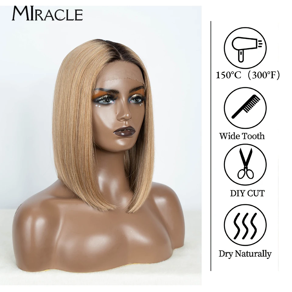 MIRACLE-Perruque Lace Front Synthétique Droite pour Femme Noire, Perruques Bob Courtes, Perruque Lace Middle Part, Perruques Cosplay, 12 en effet,