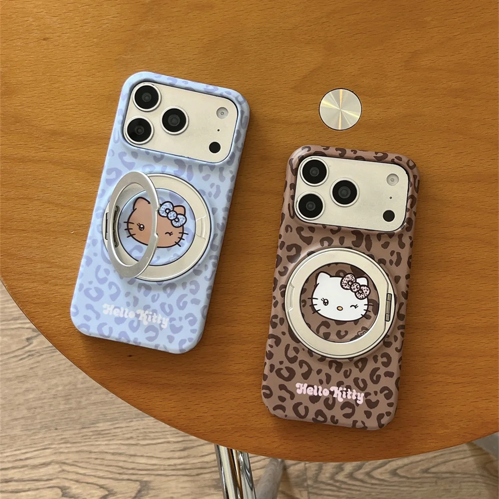 New Leopard Hellokitty Wiht Rotate Stand Phone Case for iPhone 15 16 Pro 17 16 15 Pro 17 Pro Max Cover Kawaii Shockproof Case