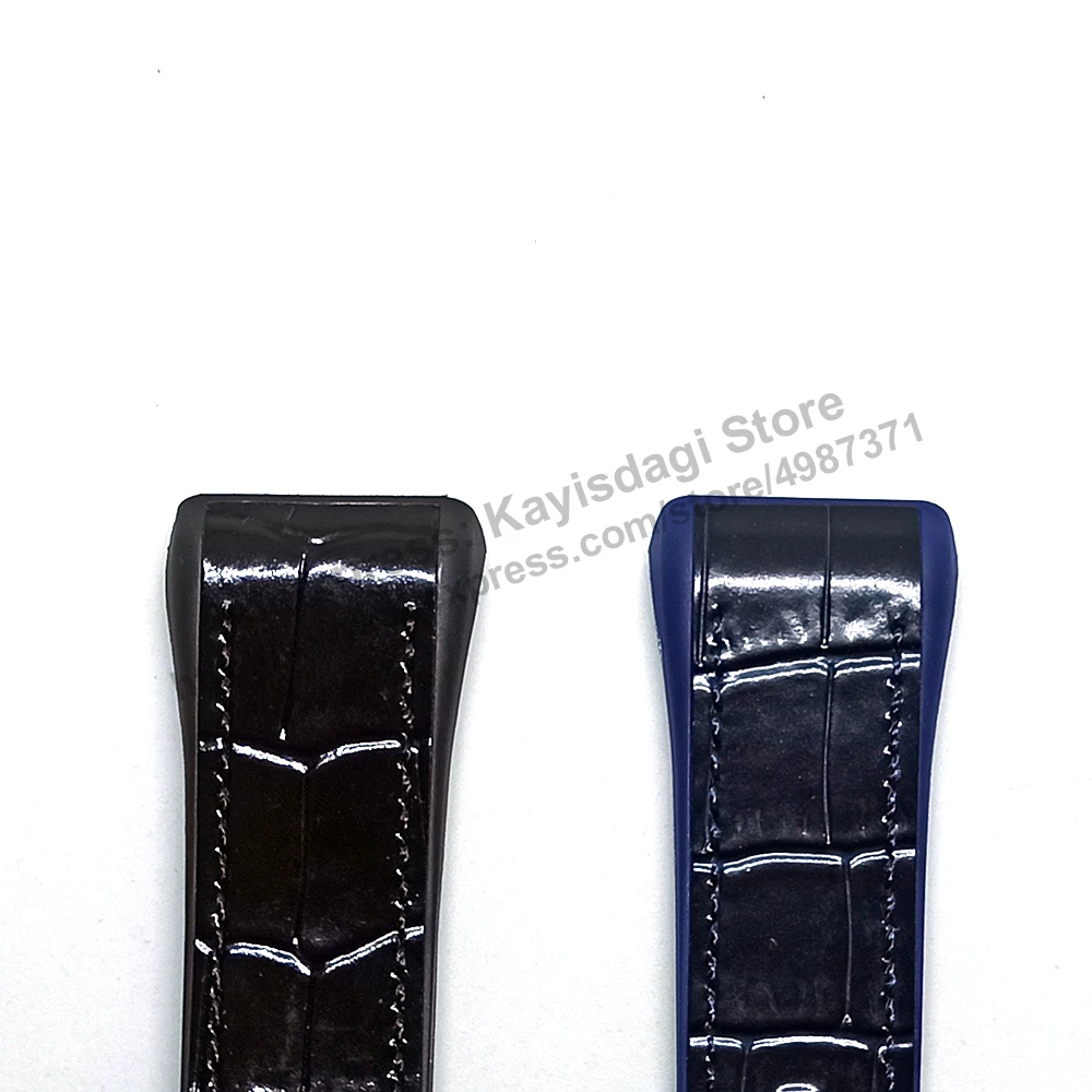 28mm Black Genuine Leather On Black and Navy Blue Rubber Silicone Watch Band Strap Compatible For Franck Muller V45