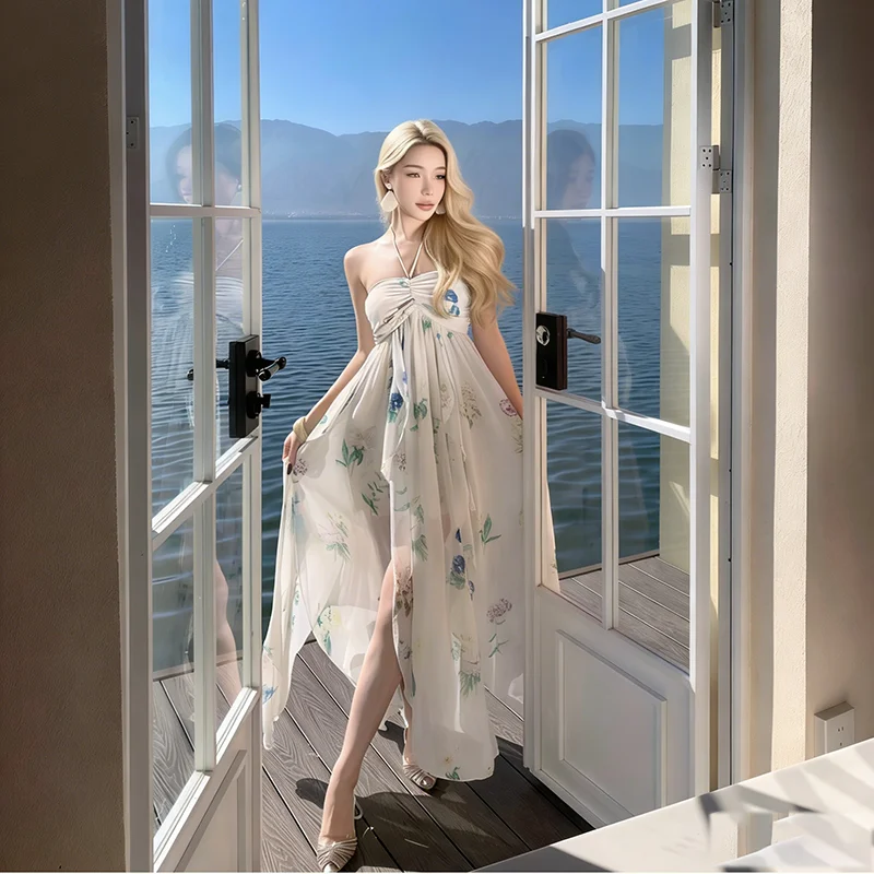 

French Style White Floral Halter Neck Dress Women Backless Flowy Chiffon Maxi Dress Vacation Maldives Resort Beach Party Gown