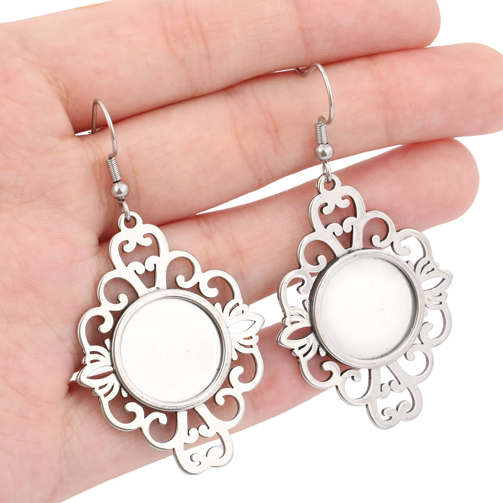 

6pcs Stainless Steel Hollow Lace Earring Base Blanks Fit 15mm Round Cabochon Earrings Bezel Settings Diy Hooks Findings