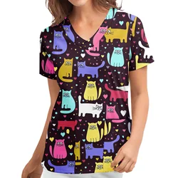 Clinical Uniform Woman Cat Cartoon Print Nurse Fashion V-Neck Short Sleeve Patch Pocket Health Care Nursing Uniform for Women
