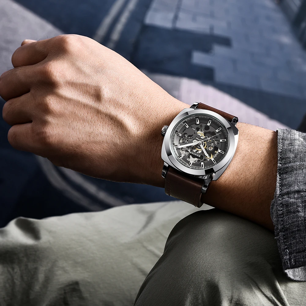 BENYAR Men's Automatic Mechanical Watch Skeleton Dial Luxury 44mm Leather Strap 30M Waterproof Sport Business Wristwatch Classic Fashion Watch for Men Daily Wear Gift