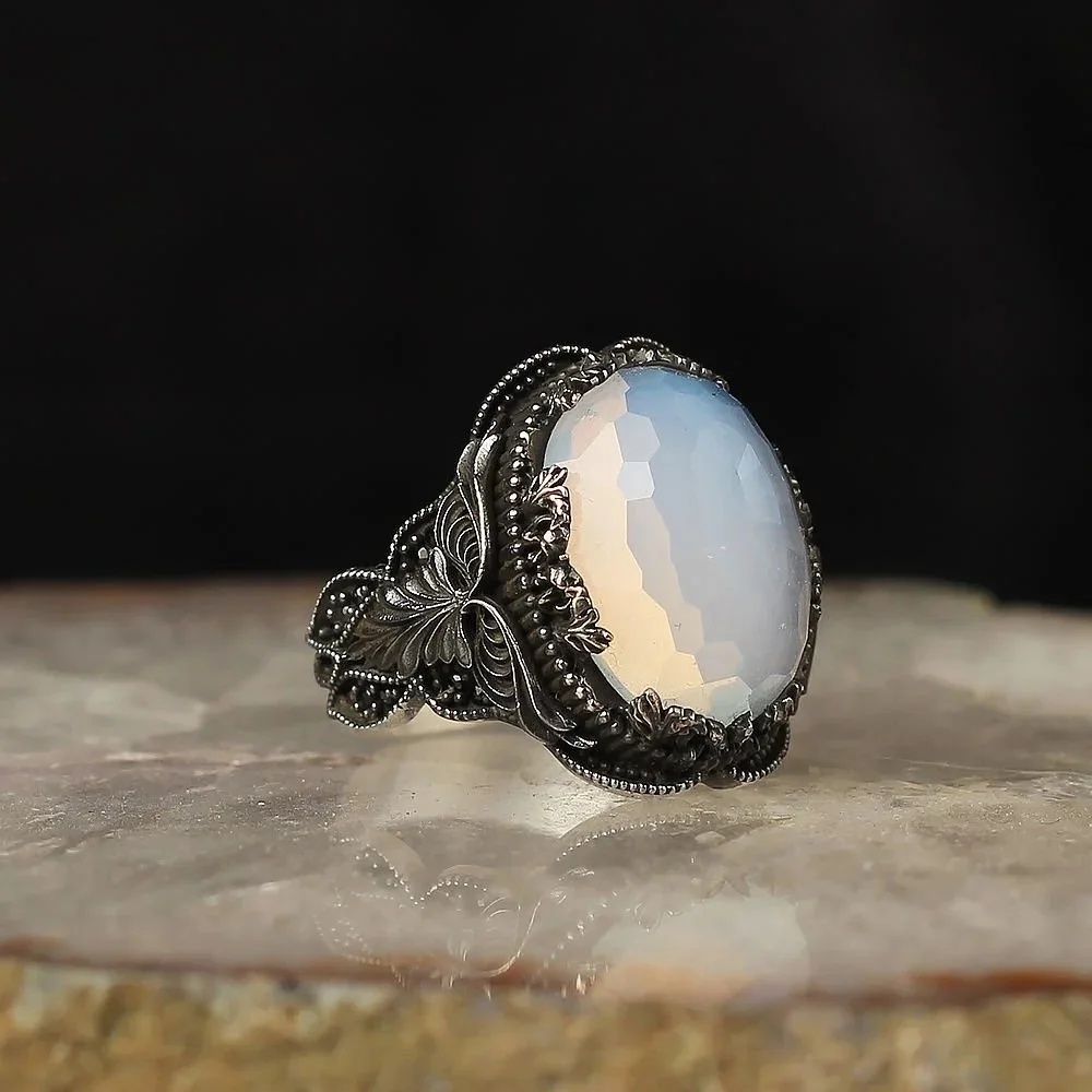 

Pure Real 925 Sterling Silver Moonstone Natural Stone Ring Men High quality Jewelry Retro Fashion Vintage Handmade Gift