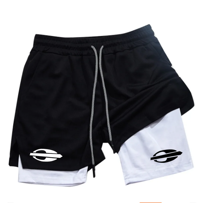 Mormaii correndo impresso masculino fitness ginásio treinamento 2-em-1 shorts esportivos de secagem rápida esportes lento correndo shorts de camada dupla