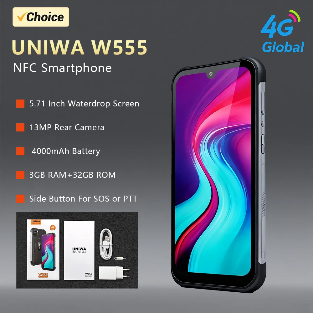 UNIWA W555 Global Version Smartphones Android 12 Quad Core 5.71 Inch 3G+32G Mobile Phones 4000mAh 13MP Rear Camera PTT NFC SOS