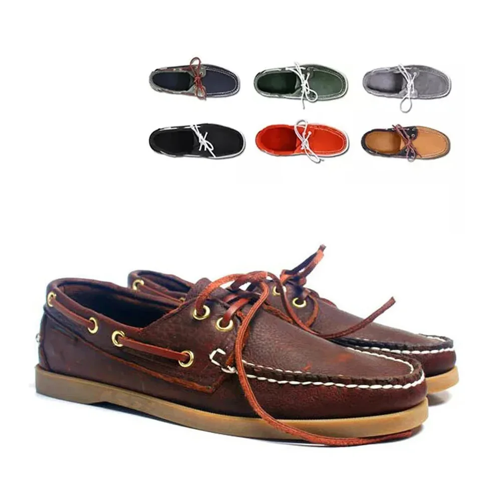 

Men Boat Shoes Genuine Leather Sneakers Women Loafers Driving Fashion Handmade England Flat Casual Board Shoes Lace up