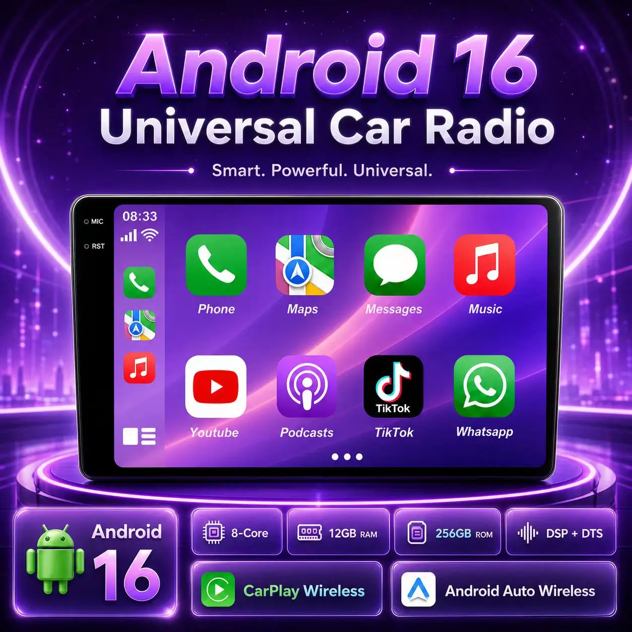 Radio para Auto Android 16 para Fiat 500 con Navegación GPS, Control del Volante, Multimedia, Carplay y Auto BT, WIFI, Estéreo, Cámara 360