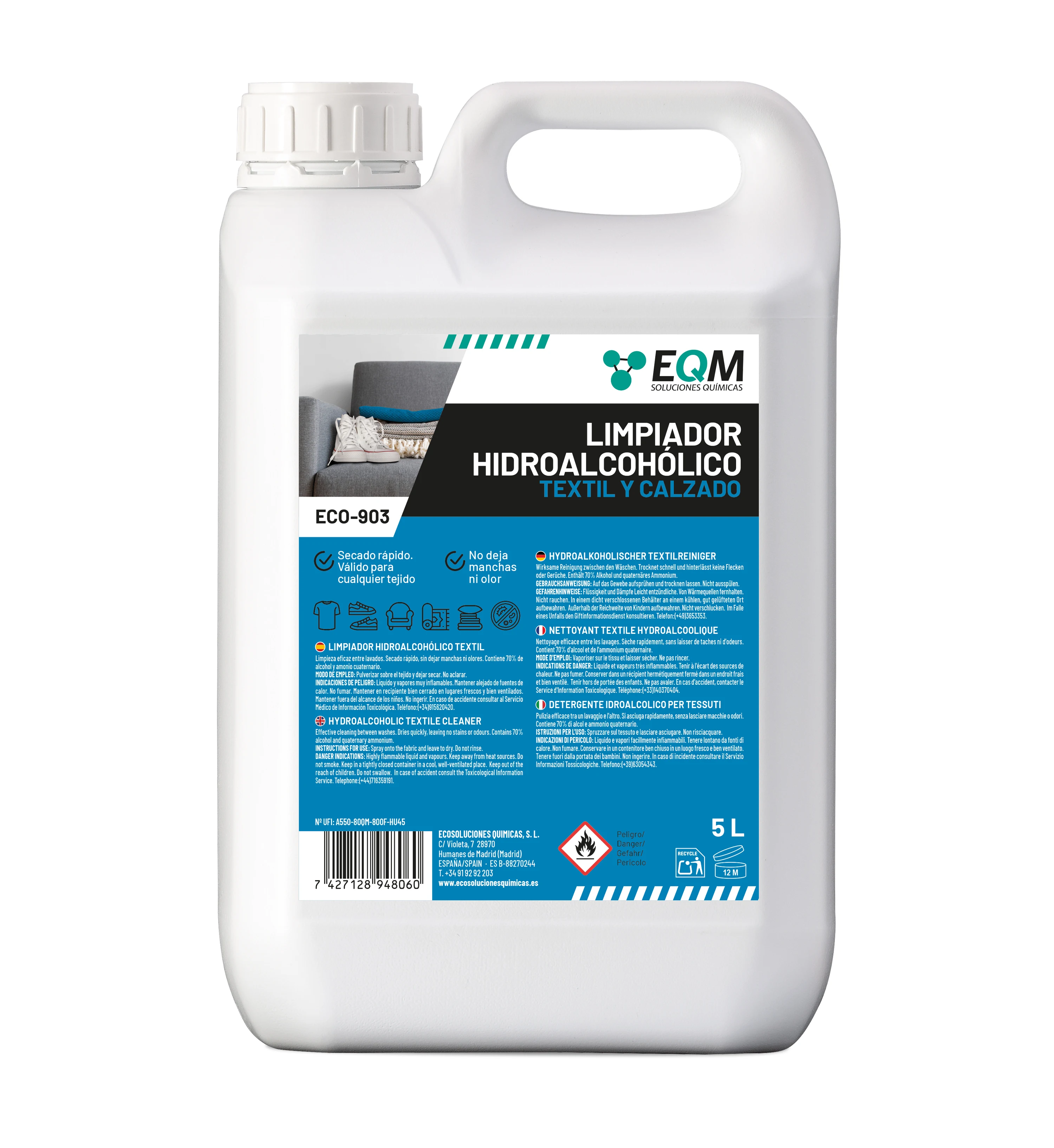 EQM - ECO-903 - Higienizante Textil de Aplicación Directa - Todo tipo de ropa y calzado - Secado rápido y acción inmediata