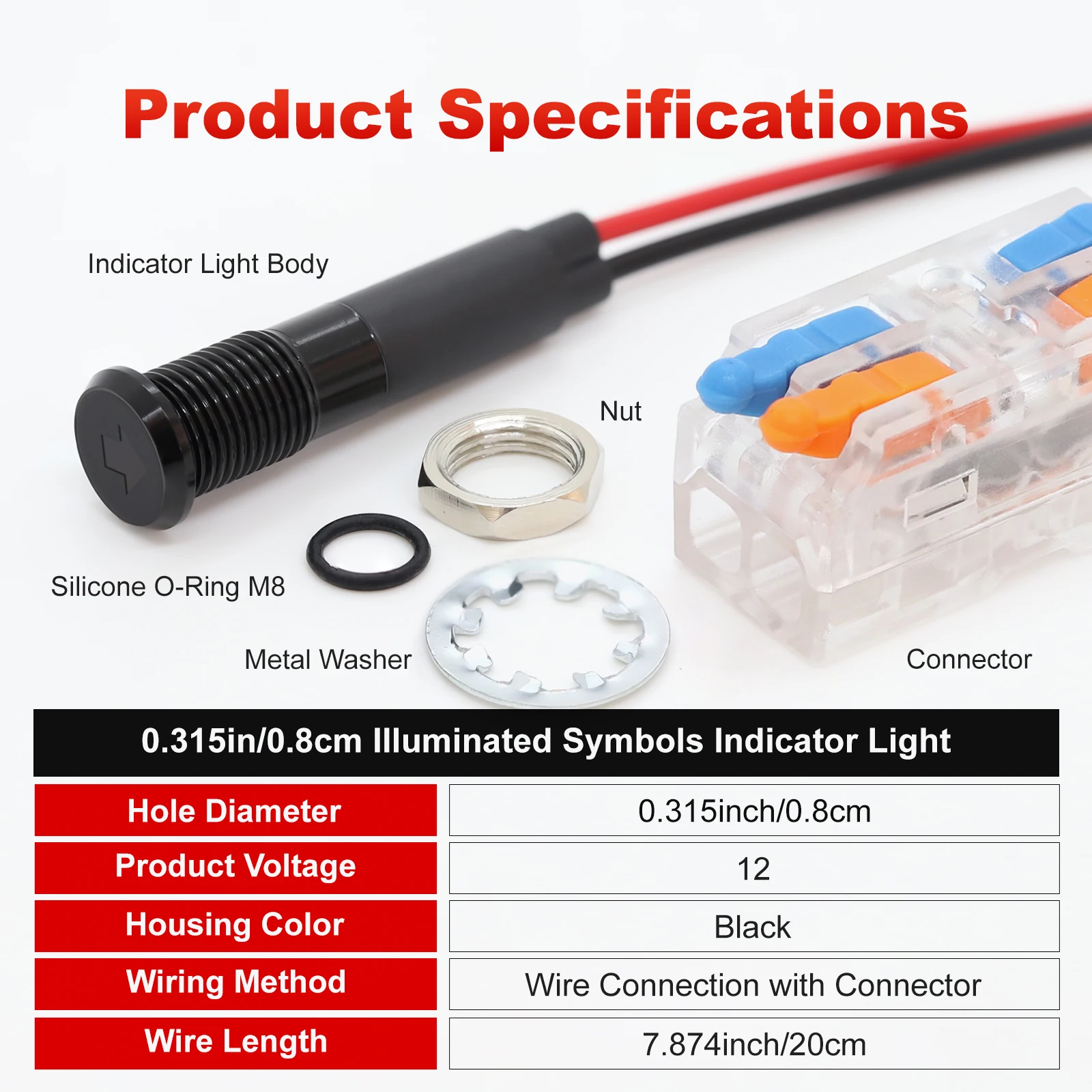 FILN 8mm Symbol LED Indicator Light 12V 24V Black Metal Indicator Dash Pilot Light with Wire Car Dashboard Ruck Machinery