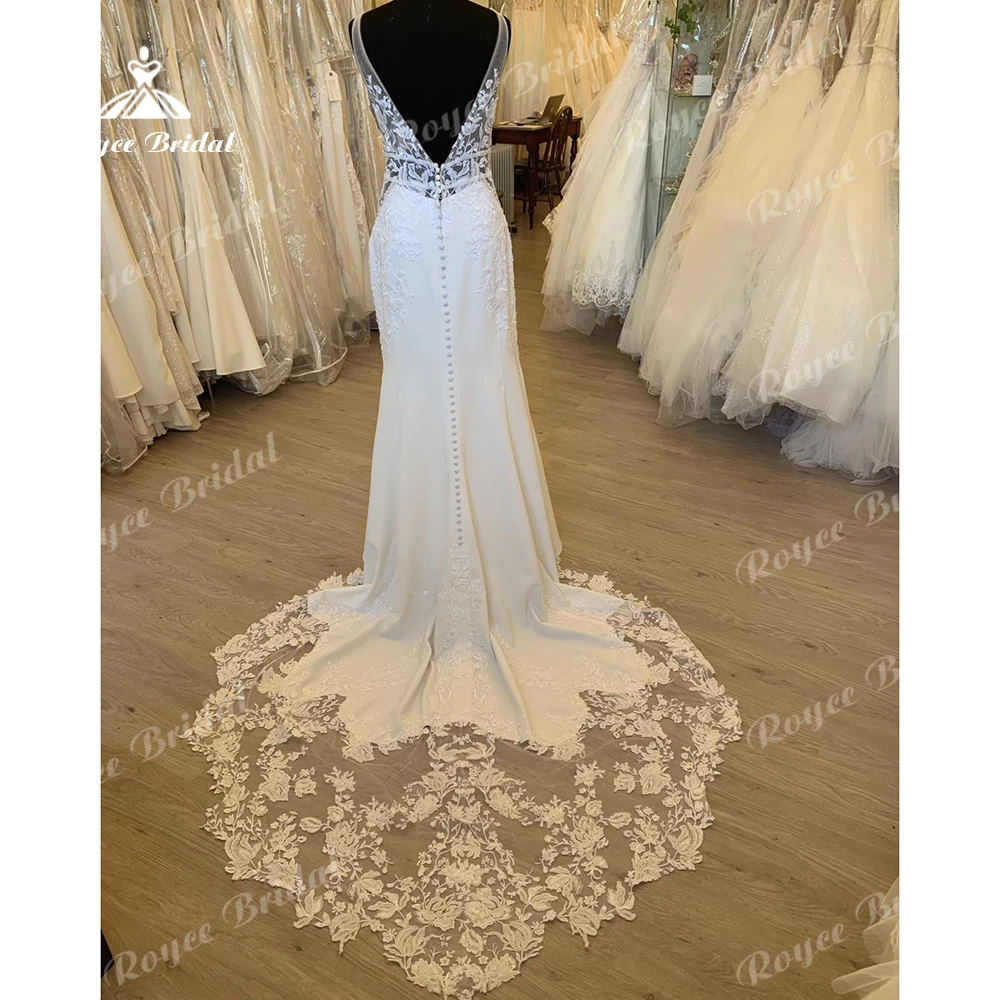 Roycebridal クレープサテンストラップマーメイドウェディングドレス V ネックレースアップリケビーズコートトレインカスタマイズローブマリーボエーム
