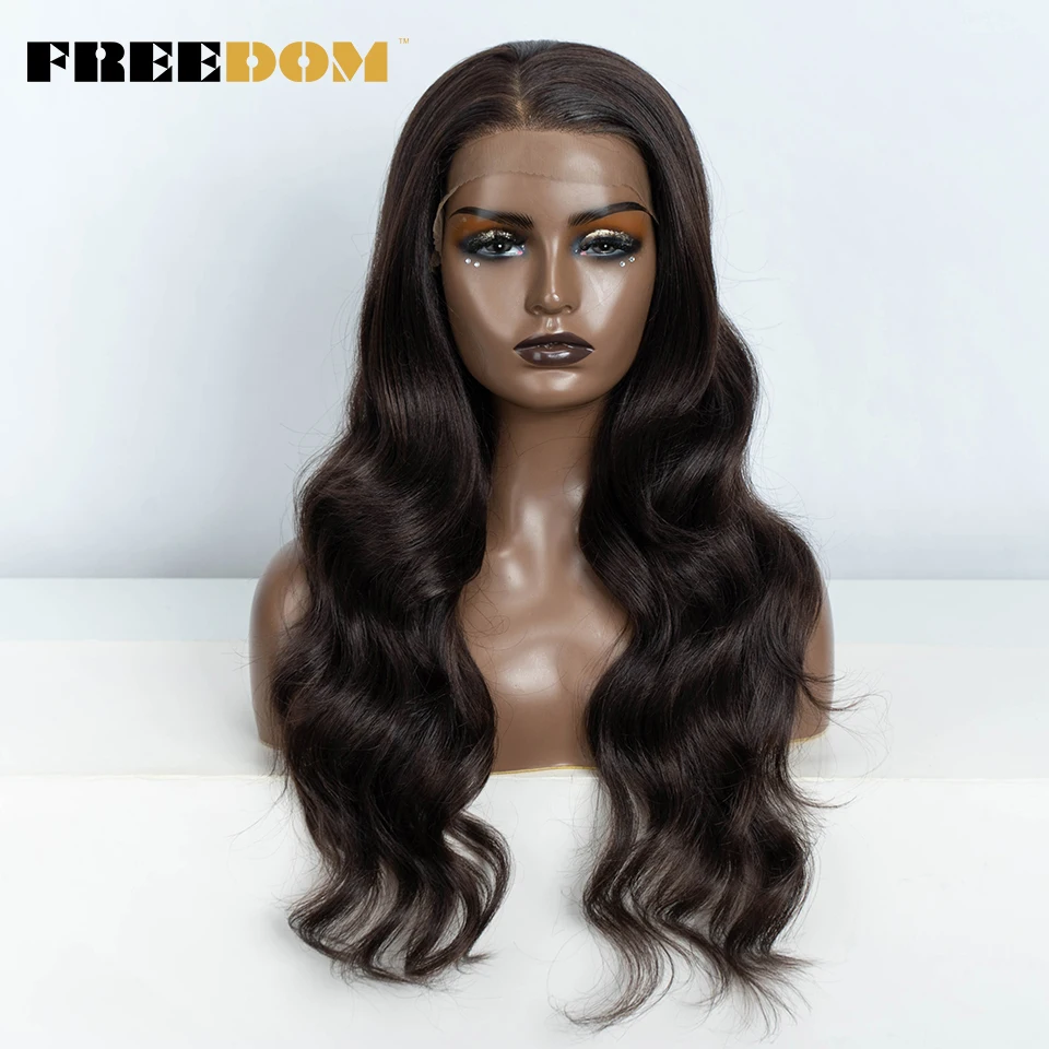 

FREEDOM 13X4 Synthetic Lace Frontal Wig Body Wave Ombre Brown Wine Red Lace Wigs For Black Women Heat Resistant Cosplay Wigs