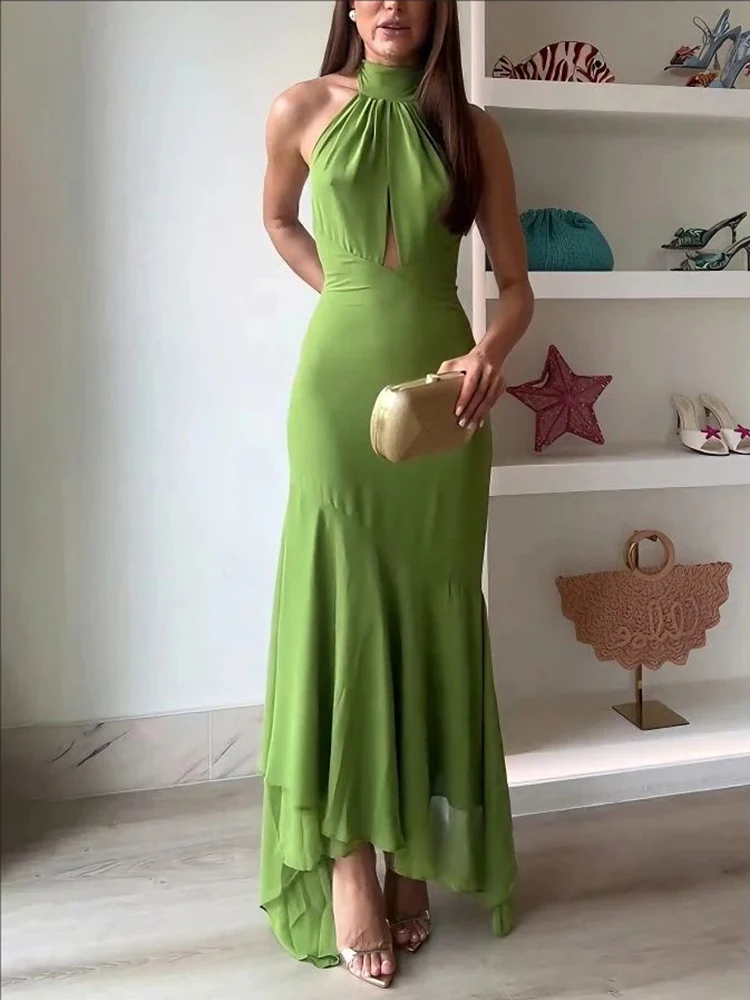 Elegant Green Chiffon Halter Long Dress Women Sleeveless Hollow Backless  Ruffle Maxi Dress 2026 Summer Beach Evening Party Gowns - AliExpress