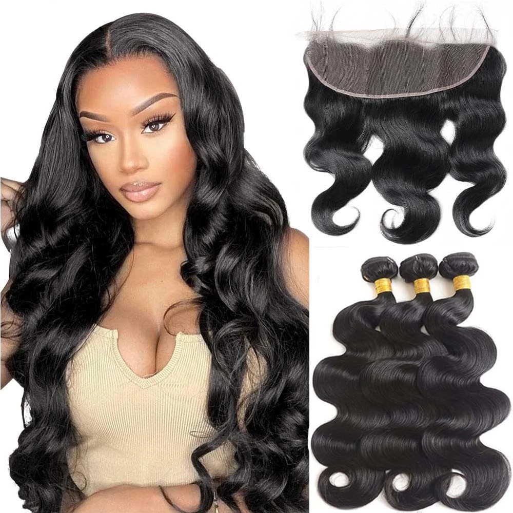 

Brazilian Body Wave Bundles with Frontal 13x4 Ear to Ear HD Transparent Lace Frontal with 3 Bundles Pre-Plucked with Baby Hair