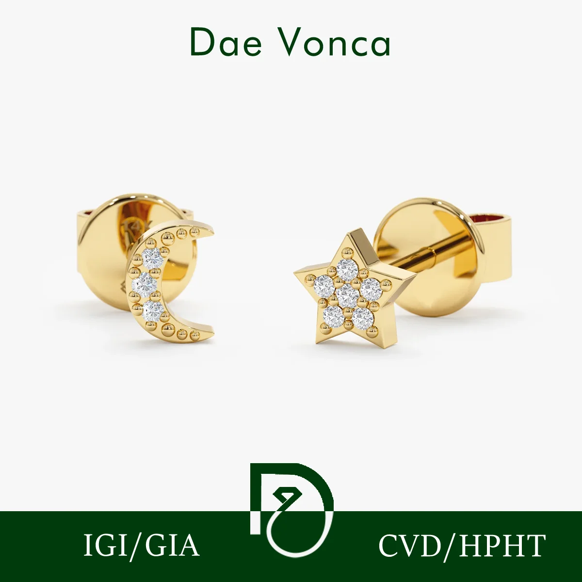 Custom Moon and Star Lab Diamond Stud Earrings Real Gold Lab Melee Diamond Fashion Earrings Women Daily Wear Jewelry