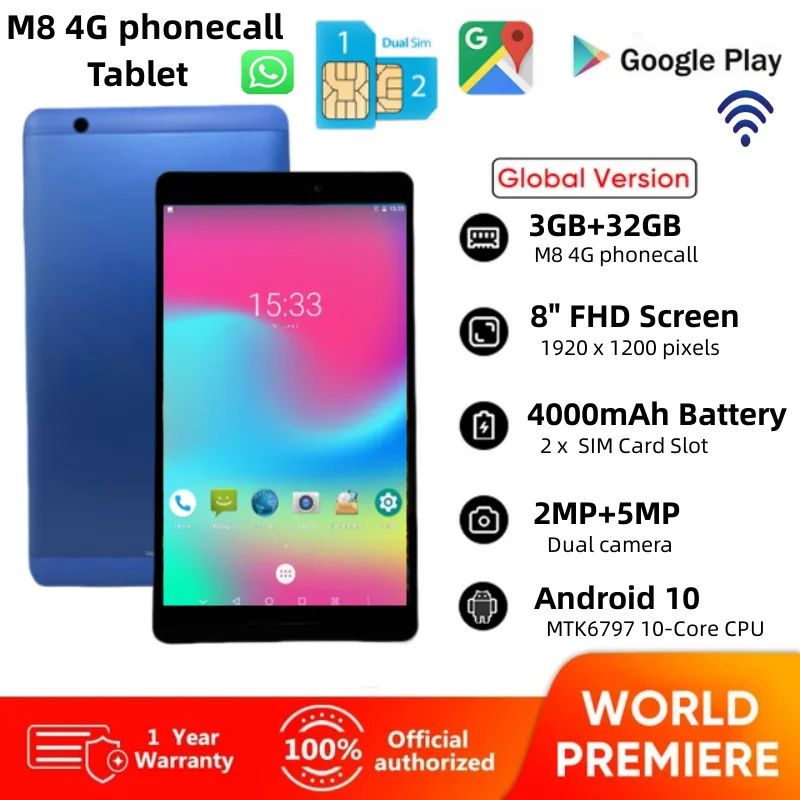 Hot Sales 8Inch 4G Phone Call Android 10 Tablet Dual SIM Card 3GB RAM 32GB ROM 10-Core MTK6797 1920x1200 Pixels IPS Support GPS