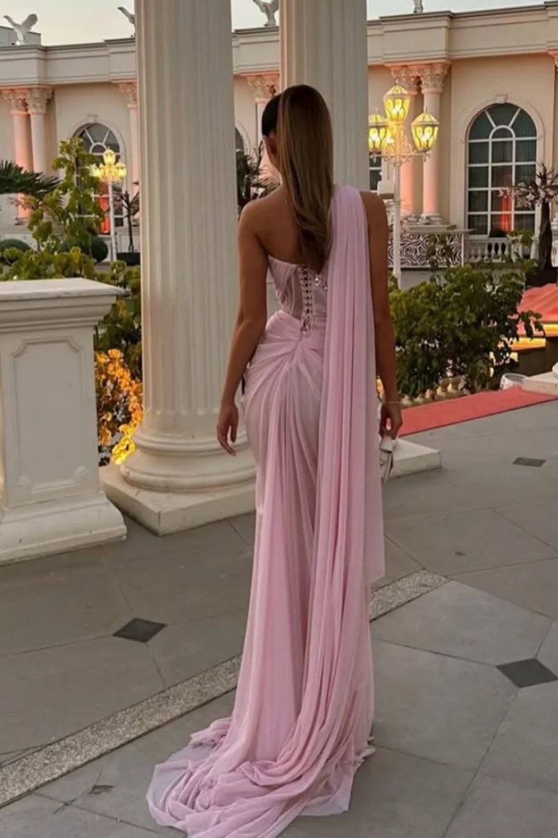 Jessica Glitter Sequins Evening Dresses One Shoulder Pleated Delicate Pink PromDresses Slim Tail Party DressesCustomized