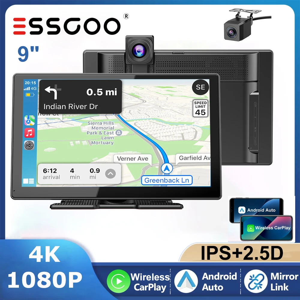 ESSGOO 9 Zoll Universal Tragbares Autoradio Display CarPlay Echte 4K Frontkamera und 1080p Rückfahrkamera Android Auto AUX FM USB Bluetooth Mirror Link Touchscreen Multimedia