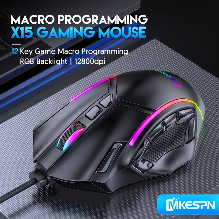 Rato gamer com fio X15, 12800dpi, nível 6, macro, programável, ergonômico, 12 teclas, luz rgb, 1000hz, antiderrapante, para pc, laptop, fps