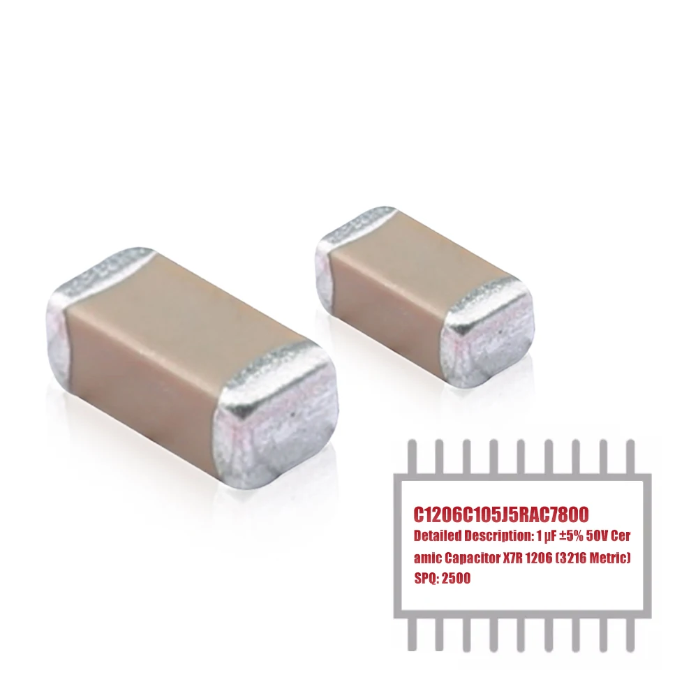 MY GROUP 2500PCS C1206C105J5RAC7800 1 uF ±5% 50V Ceramic Capacitor X7R 1206 (3216 Metric) in Stock