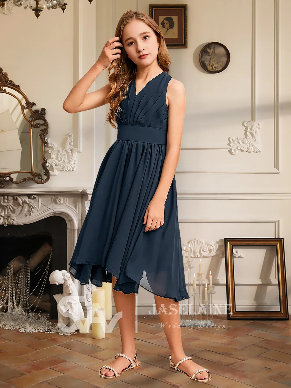 

QA Kids A-Line V-Neck Asymmetrical Chiffon Junior Bridesmaid Dress With Back Flower Girl Dress For Girls Party Wedding Formal