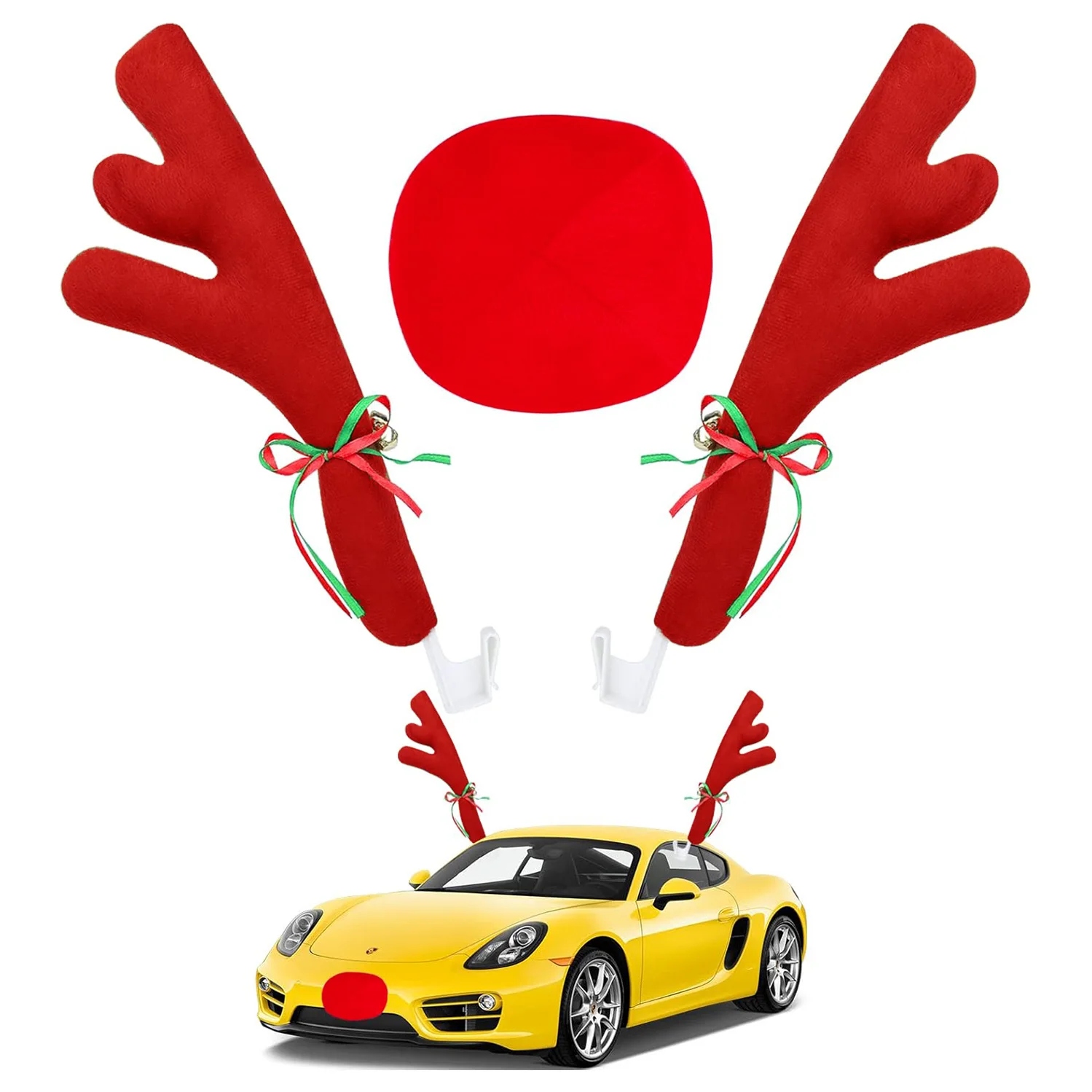 Car Reindeer Antler Kit Nose, Car Reindeer Antlers Christmas for Car Window Roof-Top & Front Grille, Auto Reindeer Antler and No