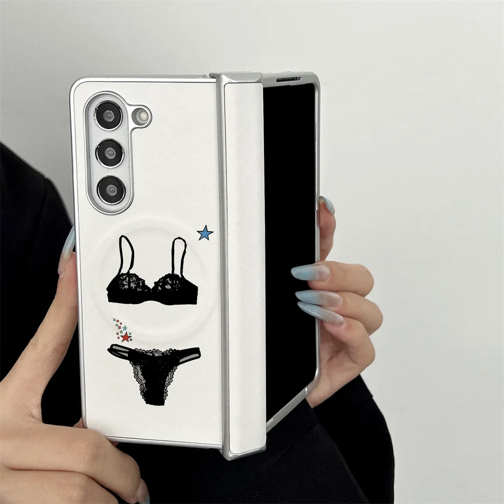 Y2K Funny Lace Underwear Print Phone Case Silver Frame Anti-drop Cover For Samsung Z Fold3 Fold4 Fold5 Fold6 W26