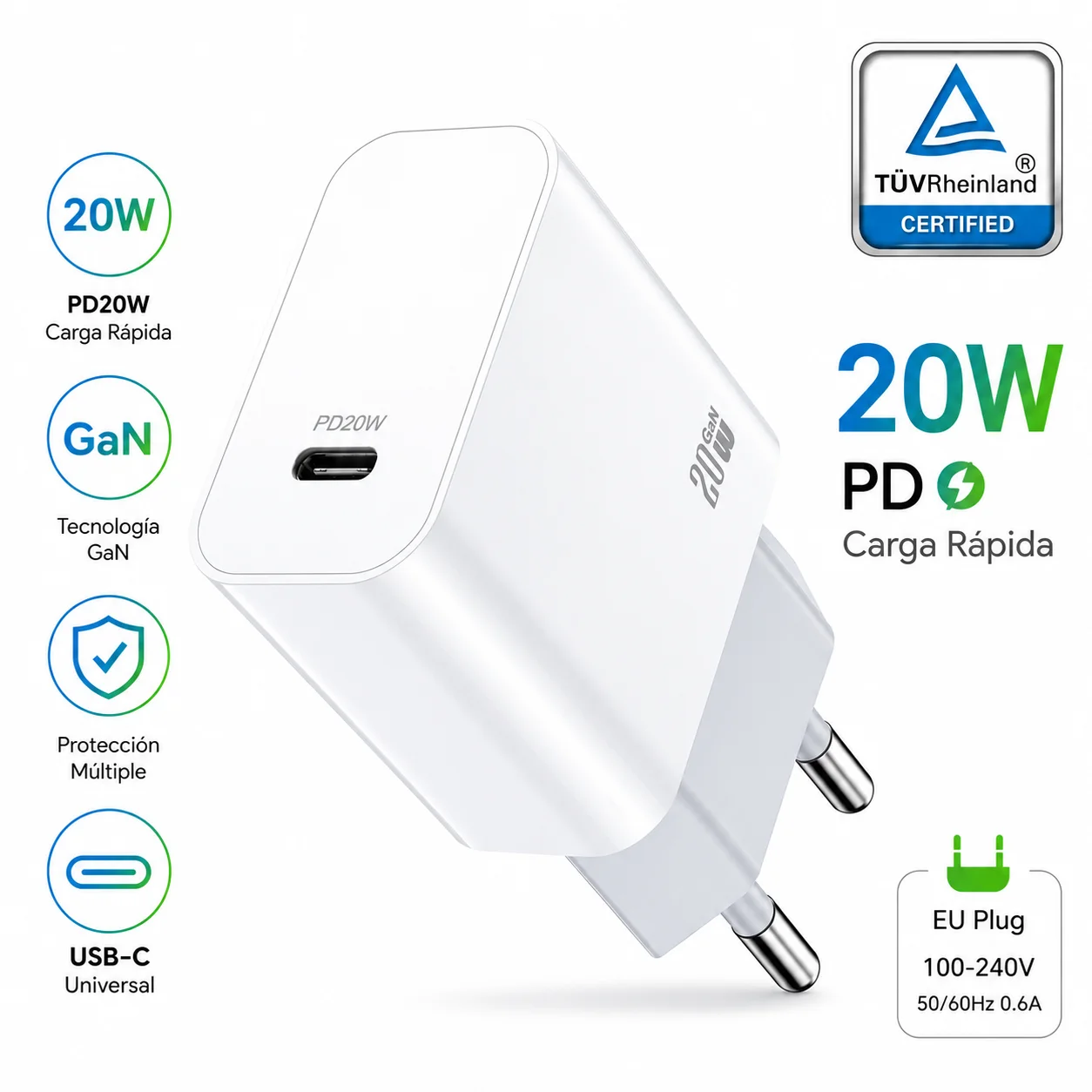 Gan USB-C Pd 20W oplader met Tüv Rheinland-certificering voor iPhone en Android Kleur Wit