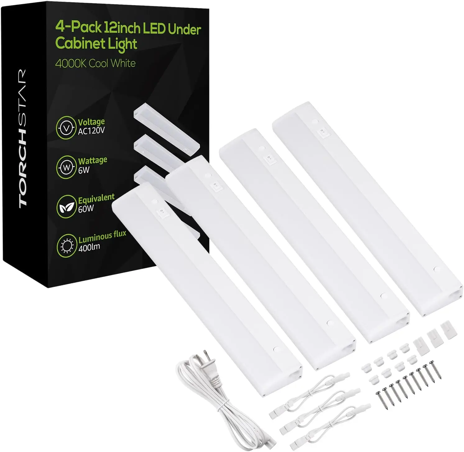 

Linkable LED Under Cabinet Light, Plug in Under Cabinet LED Lighting, ETL Listed, 12 Inch, 4000K Cool White, 6W, Pack of 4