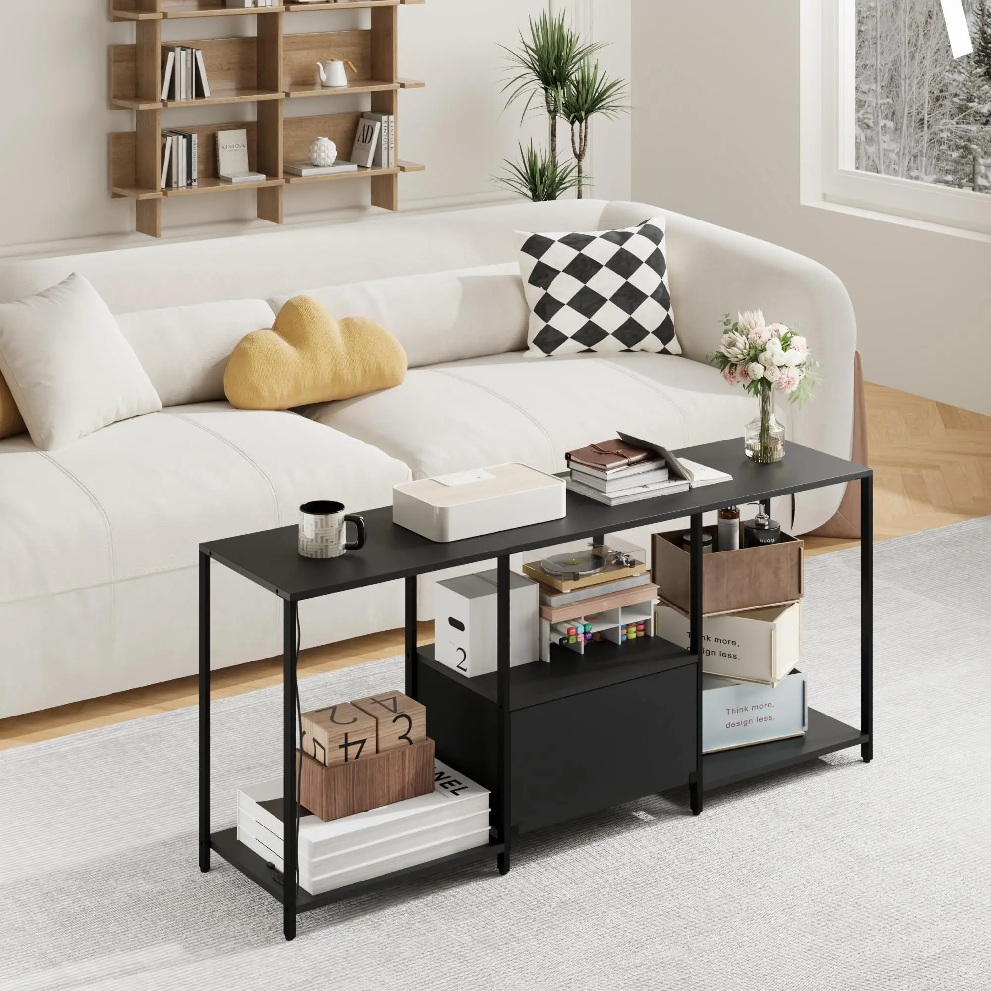 Meuble de salon pour téléviseur 55 pouces avec étagères et tiroir en tissu, meuble TV avec structure en métal, pour salon et chambre, 117x29x48 cm