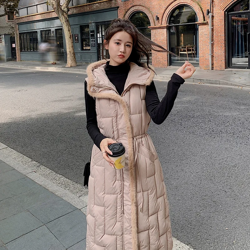 

Women's Loose Hooded 2023 New Autumn Winter Long Knee Plush Placket Down Cotton Vest Jacket