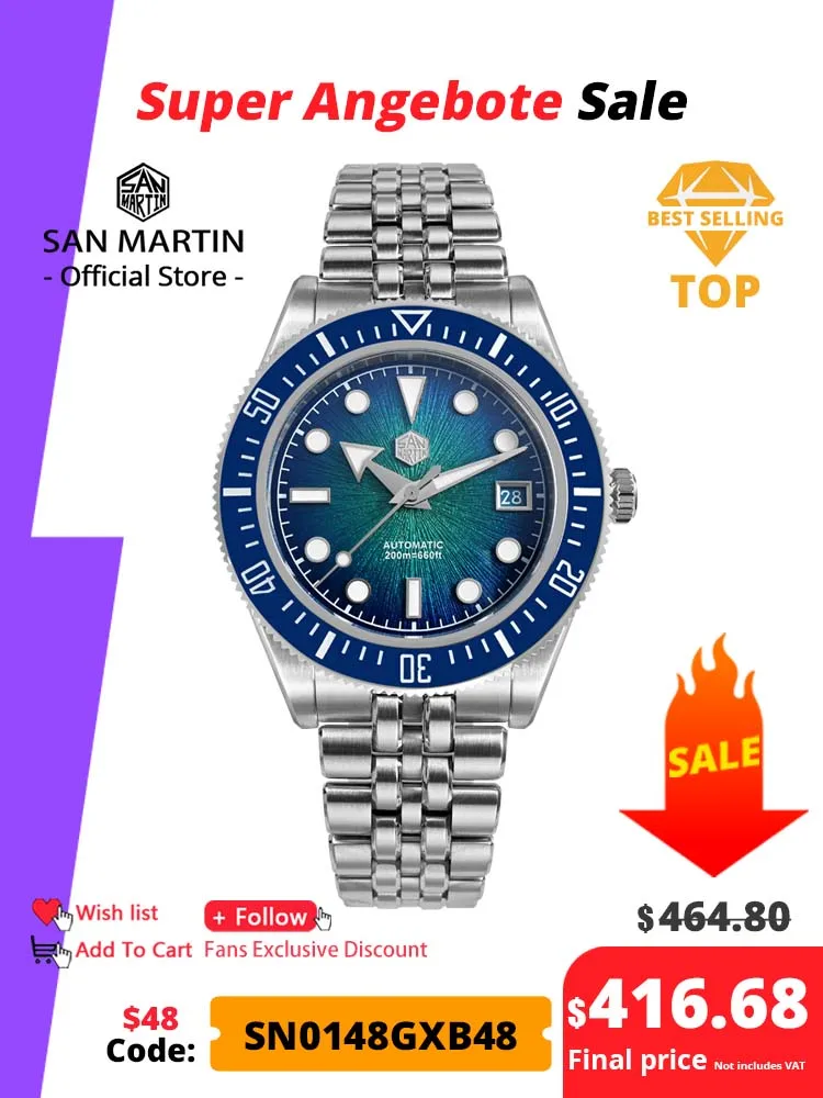 San Martin 40mm Men's Luxury Diver Watch Miyota 9015 Enamel Sunburst Dial Automatic Mechanical Wristwatch Waterproof 200m SN0148