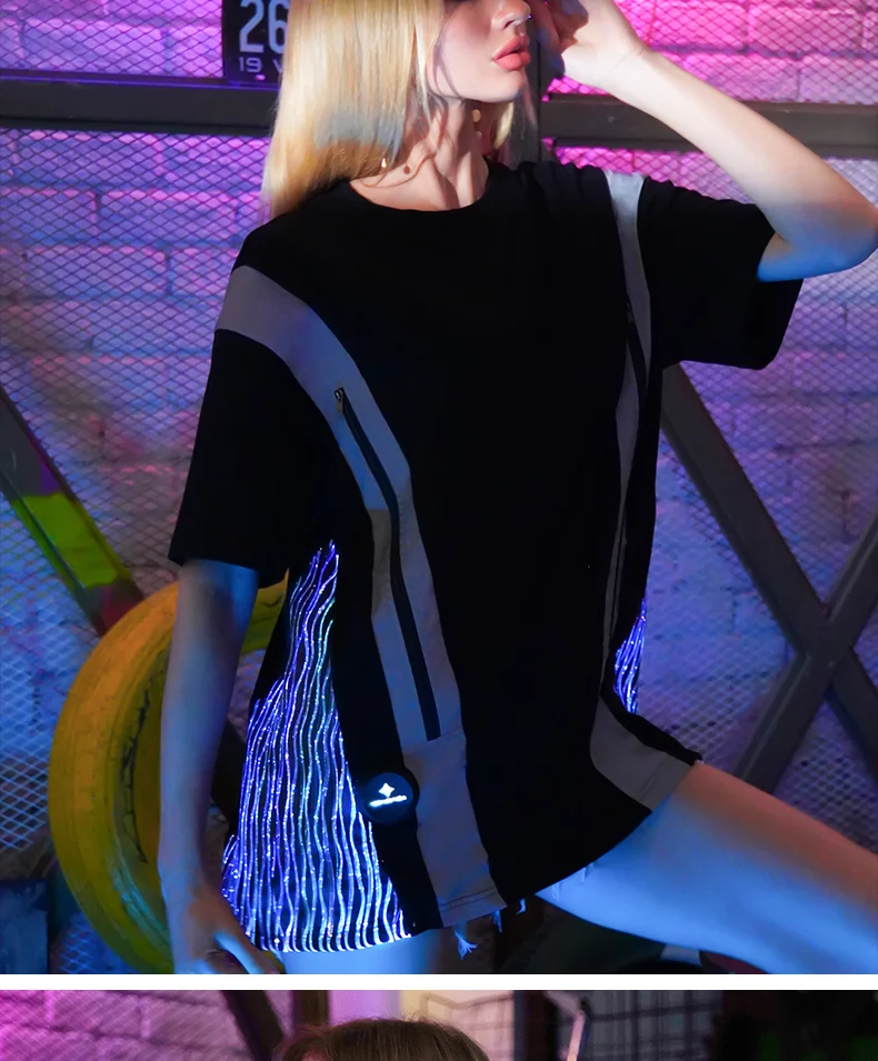 LED light-up T-shirt, fiber optic fabric light-up T-shirt, can be set to change between 7 colors, 4 automatic change modes