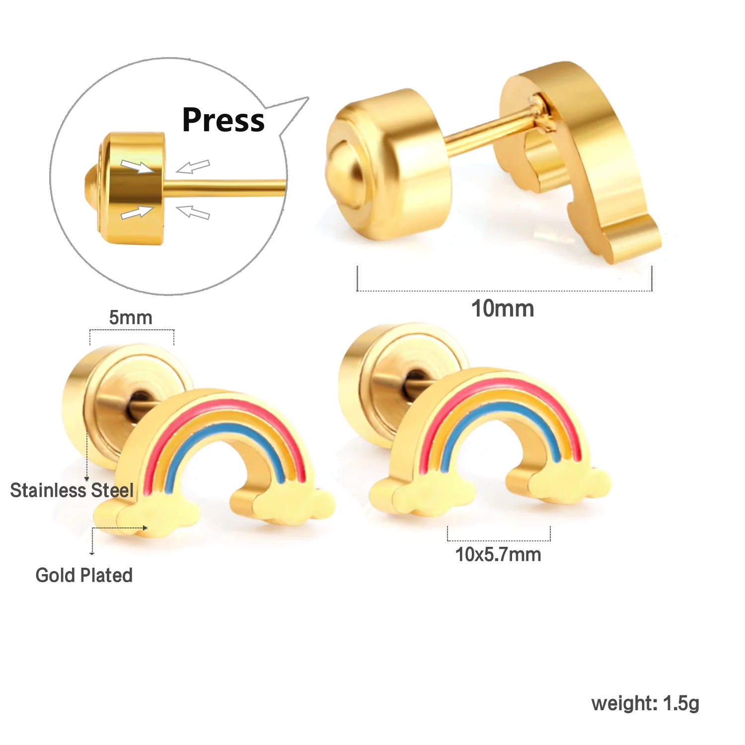 Luxukisskids Schattige Regenboog Oorknopjes Voor Kind/Meisjes Push-Back Roestvrij Staal Anti-Allergie Oor Piercing Dagelijks Dragen Sieraden