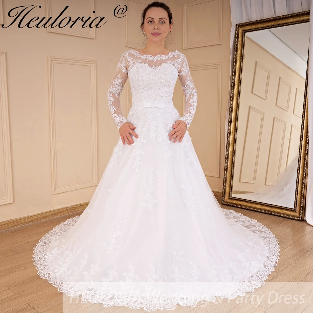 HEULORIA Prinzessin Brautkleid Langarm Rundhals Brautkleid Spitze Perlen Schnürung Plus Size Brautkleid