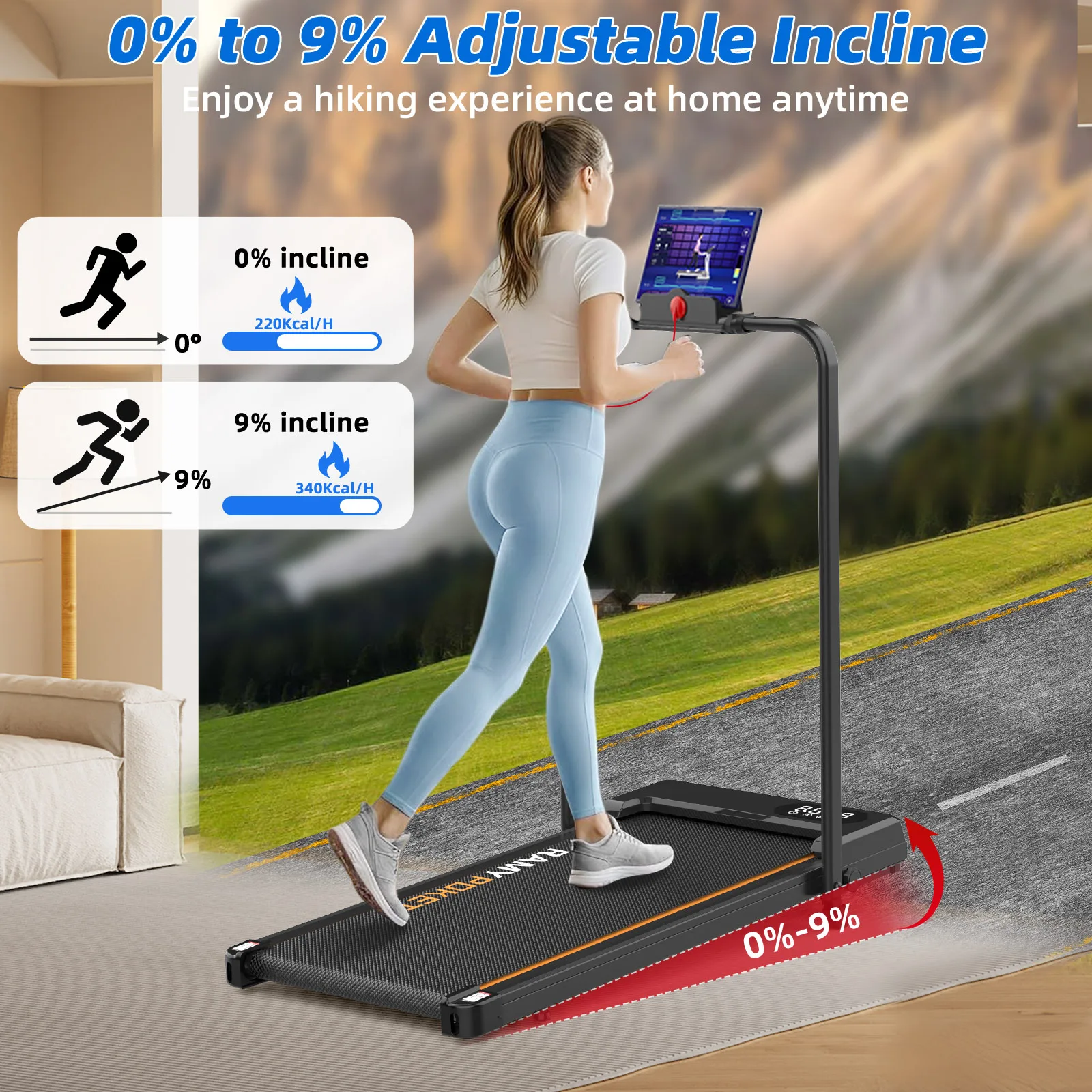 RAMYPOKET Tapis de Course Pliable avec Pente 9% 150KG Max Charge Tapis de Marche avec Triple Affichage LED Télécommande APP 2.5 HP Walking Pad Treadmill Compact pour la Maison et Le Bureau