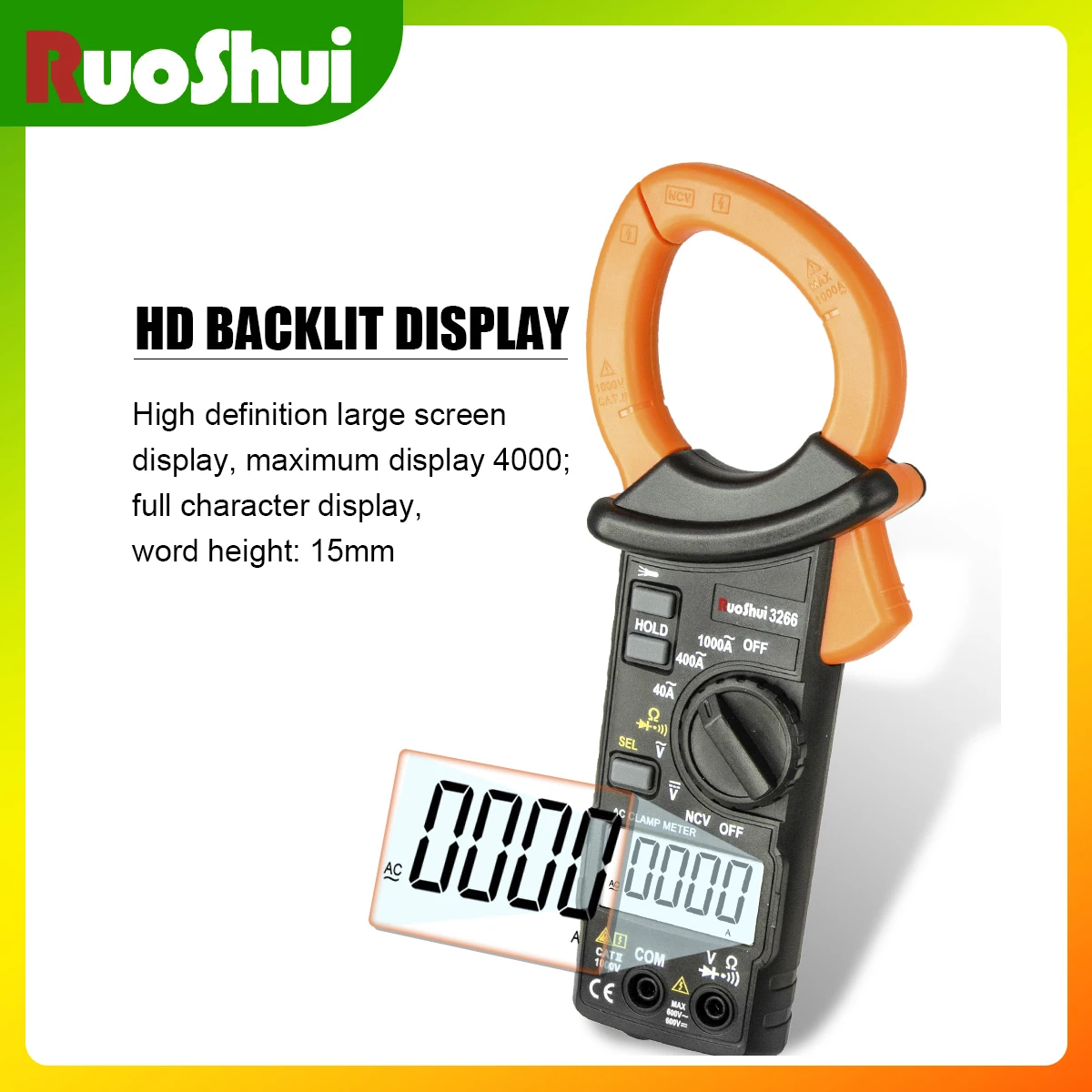 RuoShui 3266 مقياس رقمي عالي الدقة، شاشة عرض كبيرة عالية الوضوح، أقصى عرض، ارتفاع 4000 كلمة 15 مم